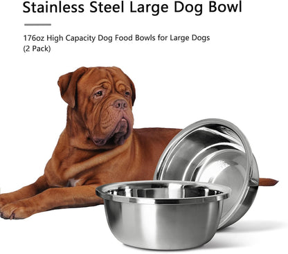 Stainless Steel Large Dog Bowl Set (2-Pack) – 176 Oz / 24 Cup High Capacity Food & Water Bowls for XL/Giant Breeds, Heavy Duty & BPA-Free