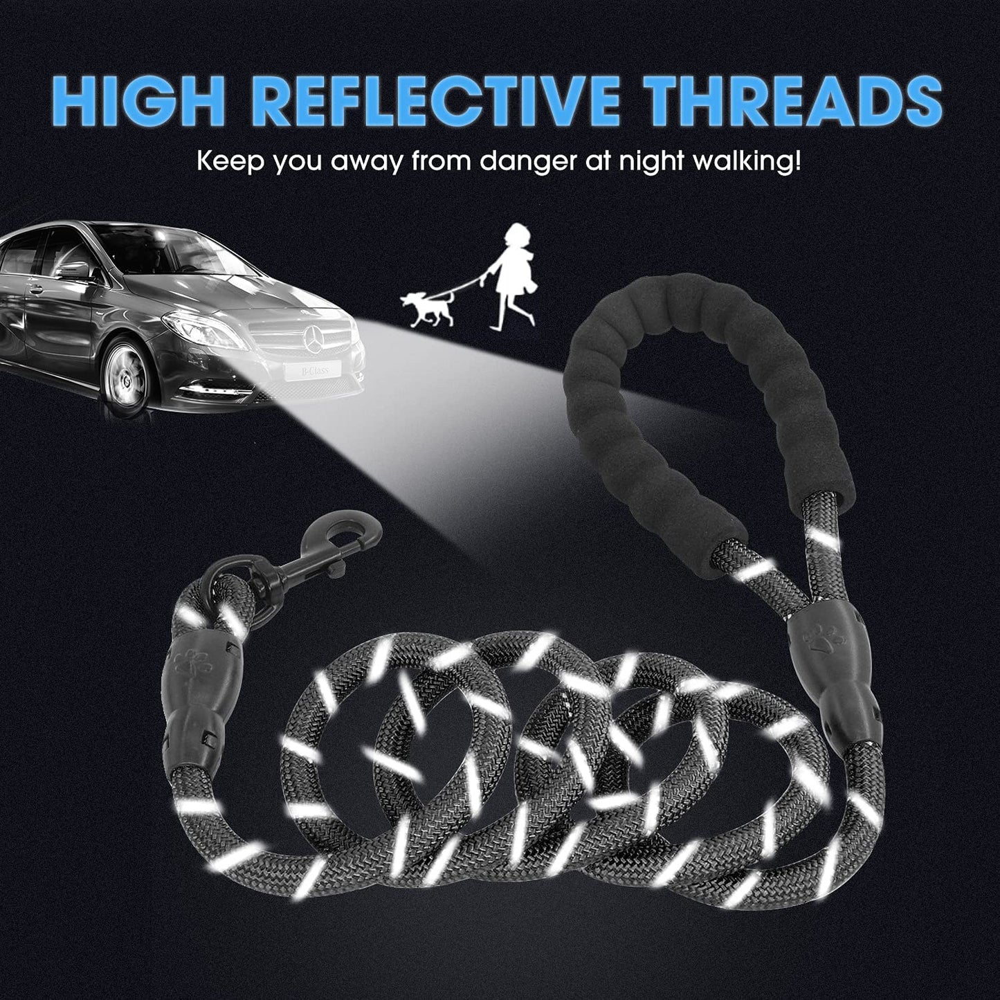 Heavy Duty Dog Leash with Padded Handle & Reflective Threads – Available in 2/4/5/6 FT Lengths (5 FT x 1/2" Thickness, Black)