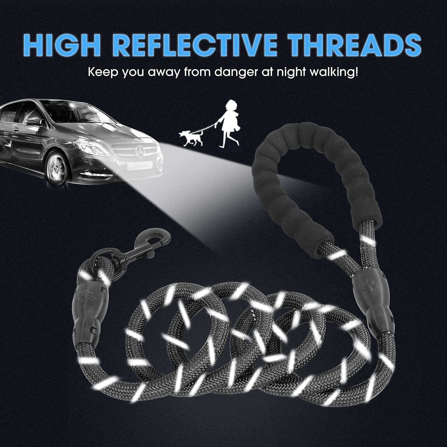 Heavy Duty Dog Leash with Padded Handle & Reflective Threads – Available in 2/4/5/6 FT Lengths (5 FT x 1/2" Thickness, Black)