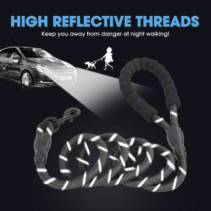 Heavy Duty Dog Leash with Padded Handle & Reflective Threads – Available in 2/4/5/6 FT Lengths (5 FT x 1/2" Thickness, Black)