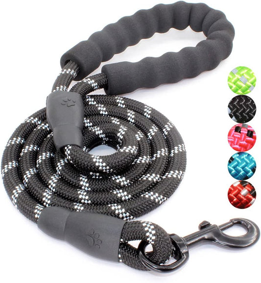 Heavy Duty Dog Leash with Padded Handle & Reflective Threads – Available in 2/4/5/6 FT Lengths (5 FT x 1/2" Thickness, Black)